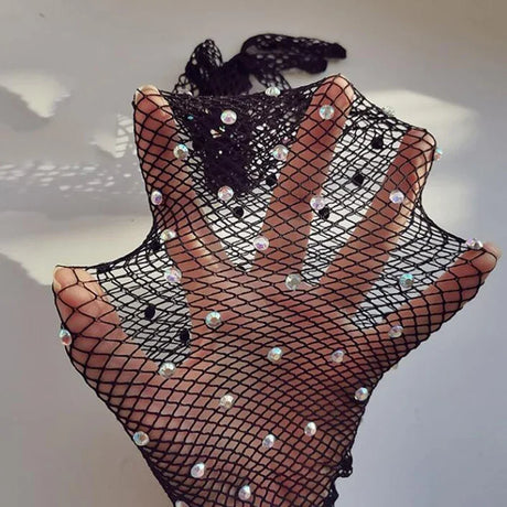 Sexy Elastic Mesh Gloves With Colored Flash Diamonds Bungee Stage Performance Hollow Fishing Net Punk Hiphop Women's Gloves R51