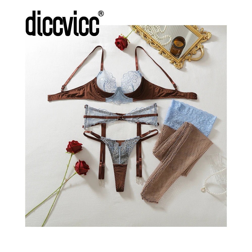 Diccvicc Women's Blue Lace Lingerie Set Brown Underwire Bra Garter Belt Thong Stockings See Through Hot Luxury Fashion Underwear