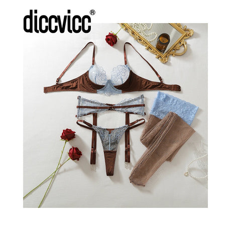 Diccvicc Women's Blue Lace Lingerie Set Brown Underwire Bra Garter Belt Thong Stockings See Through Hot Luxury Fashion Underwear