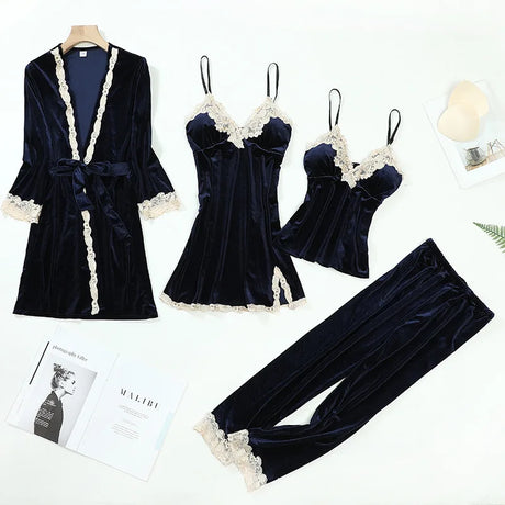 TOP Casual Velour Home Clothing 4pcs Sleep Set Intimate Lingerie Women Pajamas Suit Long Sleeve Lace Velvet Homewear Pyjamas Set