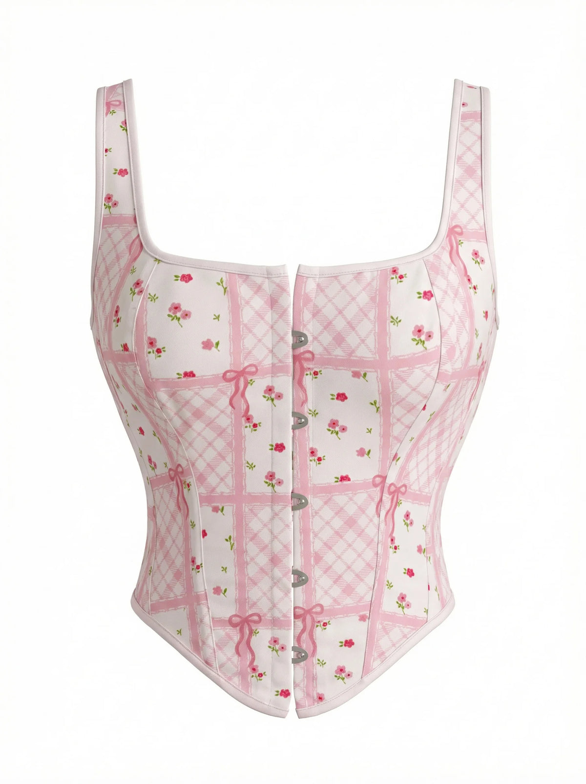 Women's Pink Corset Ditsy Floral Plaid Bow Print Adjustable Straps Front Hook Back Lace Up Coquette Bustier Top