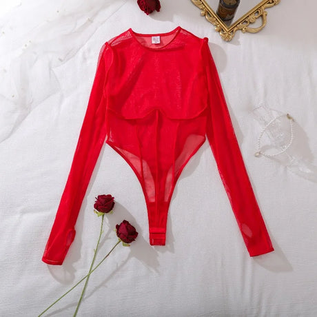 Red Exotic Bodysuits Tempted Fitting Lingeries Femme Ultra Hot Sexy See Through Mesh Splicing Crotchless Teddies Sissy Underwear