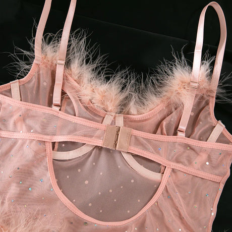 Women's Lingerie Bodysuit Rhinestone Mesh Feather Trim Sheer Teddy With Gloves Set Sleepwear Nightwear Party Clubwear Outfit