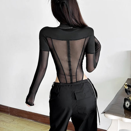 Sexy See Through Bodysuit Women Dark Gothic Streetwear Emo Alternative Grunge Y2k Long Sleeve O-neck High Waist Jumpsuit