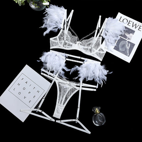 3-Piece Feather Decorated Lace Exotic Sets Women Sexy Patchwork Lingerie Set Chain Bra Panty Garter Underwear Kit For Female