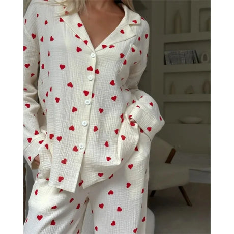 Summer New Love Heart Print Pyjama 100% Cotton Long Sleeve Set 2Pcs Outfit Lapel Sleepwear Button Down Women's Pajamas Nightwear
