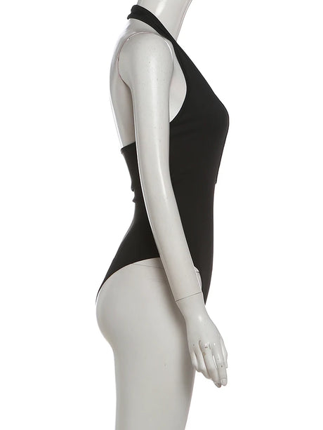 Cutenew Halter Classic Bodysuit Women Sexy Fashion Deep V-Neck Sleeveless Simple Daily Stretch Skinny Chic Workout Streetwear