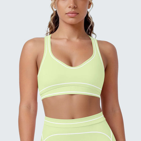 Women's Yoga Bra Vest Fitness Tank Running Workout Gym Top Push Up Padded Soft Slim Contrast Piping Racerback Sports Underwear