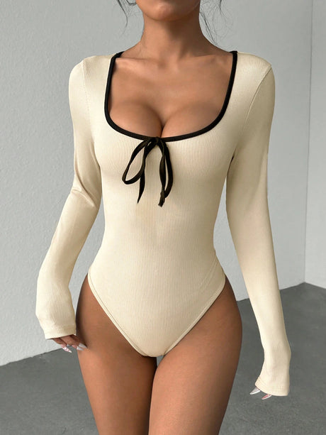 Women Square Neck Contrast Trim Tie Front Ribbed Knit Long Sleeve Bodysuit High Cut Slim Fit Y2K Sexy Casual Basic One Piece Top