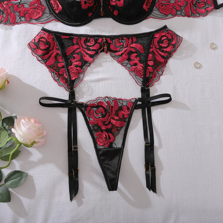Heavy Crafted Rose Embroidered Mesh Perspective Underwear Color Match Splicing Mysterious Sexy Shaped Underwear Three Piece Set