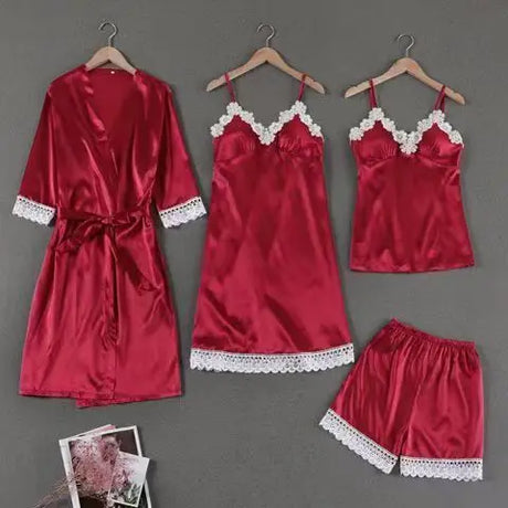 Sleepwear Sleep Suit Sexy Womens Lace Pajamas Sets V-Neck Satin Pijamas Intimate Lingerie Spring Nightwear Home Wear PJS