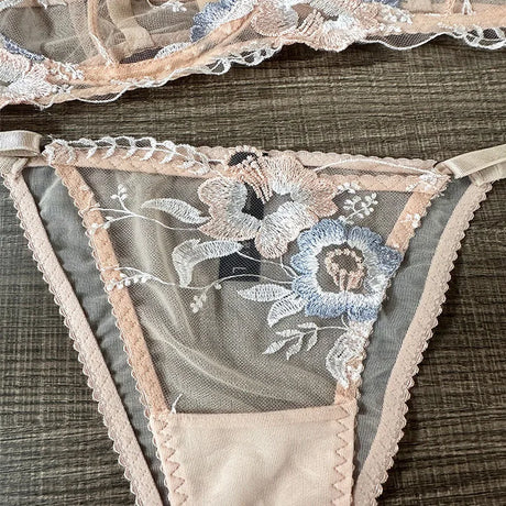 M-XL Luxury Ladies Underwear Floral Embroidery Ultrathin Transparent Lingerie Sets For Women Sexy Push Up Gather Bra Panties