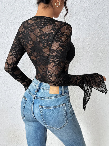 Benuynffy Black V-neck Long Sleeve Bodysuit Women's Sexy See Through Lace Bodys for Women Slim Fit One Pieces Tight Body Top