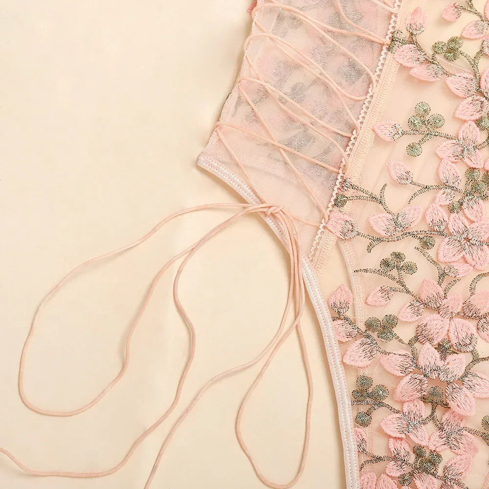 Porn Suit Floral Lace Embroidery Bodysuit Women Sexy Lingerie Bandage See Through Deep V Backless Body Suit Exotic Underwear