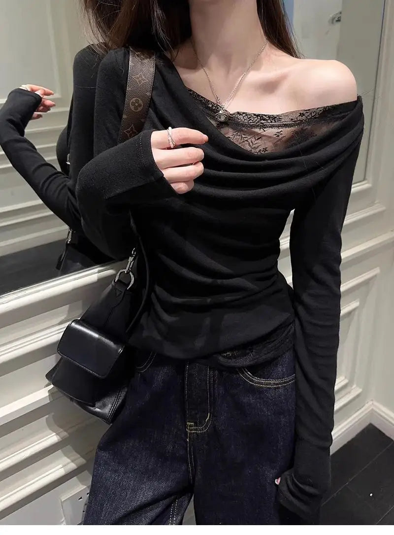 Lace Splice Asymmetrical Shoulder Long Sleeve T-Shirt Women's Slim Fit White Top for Autumn Winter Commute Casual Wear