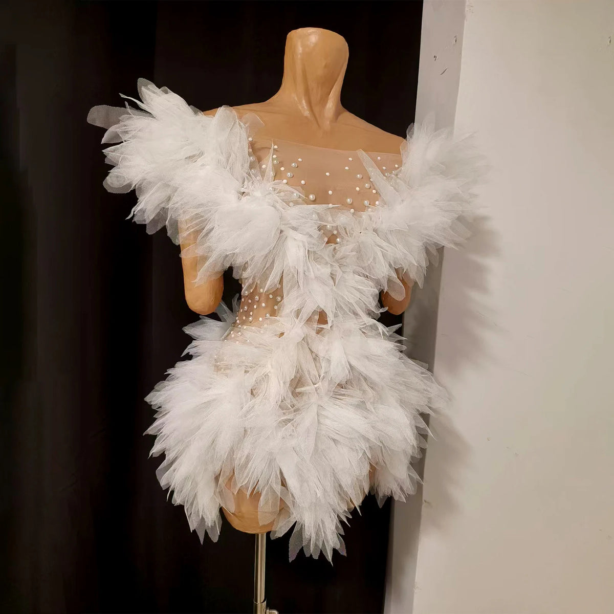 Sexy White Rhinestone Skirt Transparent Wings Mini Dress Bar Nightclub Party Singer Stage Performance Costume Drag Queen Outfit
