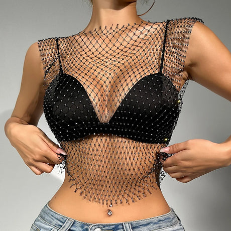 New Sexy Mesh Crop Tops for Women Summer Rhinestones Fashion Party Club See Through Fishnet Tank Hollow Out Backless Top