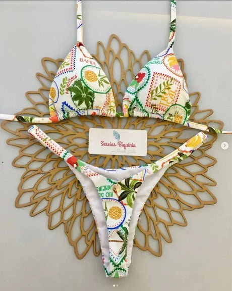 Print Sexy Bikini Sets Halter Lace-up Tops Thongs Beach Style Bathing Suit Y2k Swimsuits Women Beachwear Купальник Женский