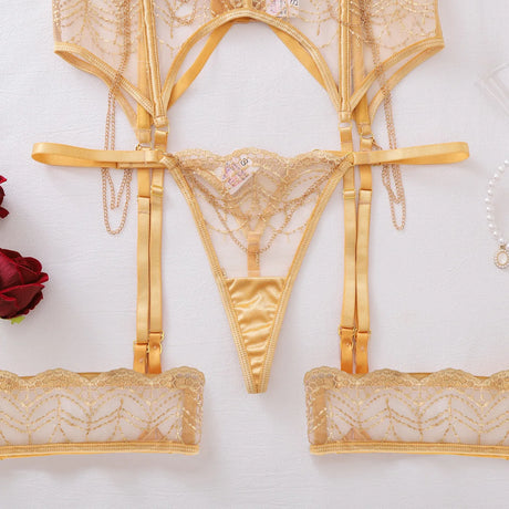 2026 Metal Chain Decor Perspective Lingerie Set Women's Sexy Lace Slim Underwear Split Set Female See Through Bra and Panty Set