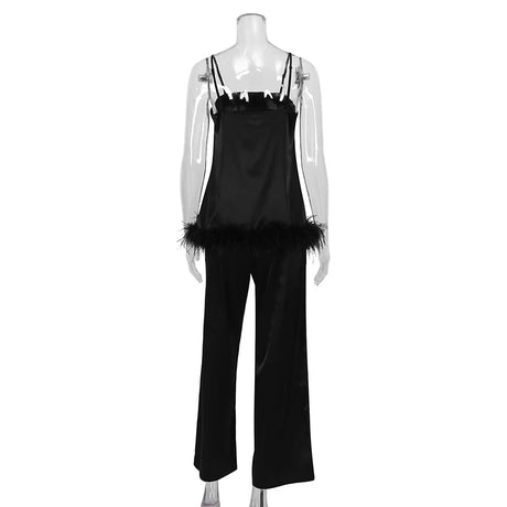 Satin Pajamas With Feathers Sleepwear Women Sets With Pants Black Spaghetti Strap Home Suit White Trouser Suits 2022