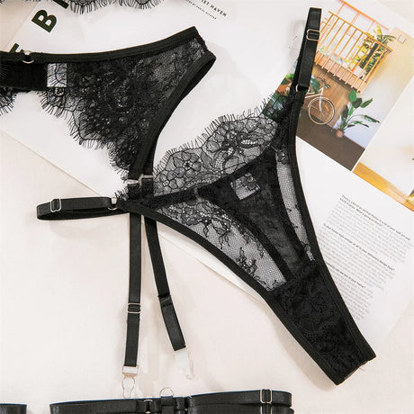 Krasapt Fancy Lace Sexy Lingerie 4 Pcs Sets Sexi Hollow Out Sheer Bras And Thongs Garter Suits With Peplum Skirt Erotic Outtits