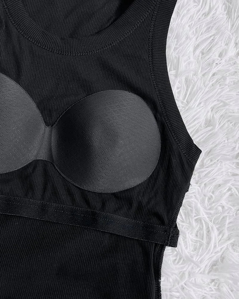2026 New Spring Summer Women Built in Bra Tank Tops Round Neck Sleeveless Casual Tops Female Racerback Ribbed Fitted Tank Tops