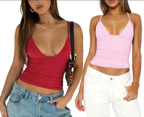 Summer Women Deep V Neck Ruched Cami Top Elastic Slim Bodycon Spaghetti Strap Tank Vest Y2K Streetwear Club Party Basic Camisole