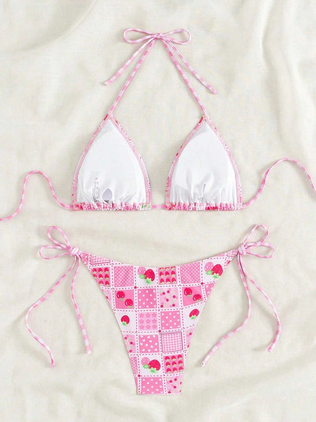 Swimsuit 2026 Female Micro Bikini Women Swimwear Summer Beachwear Women's Bathing Suit Floral Print Neck Halter Thong Bikini Set