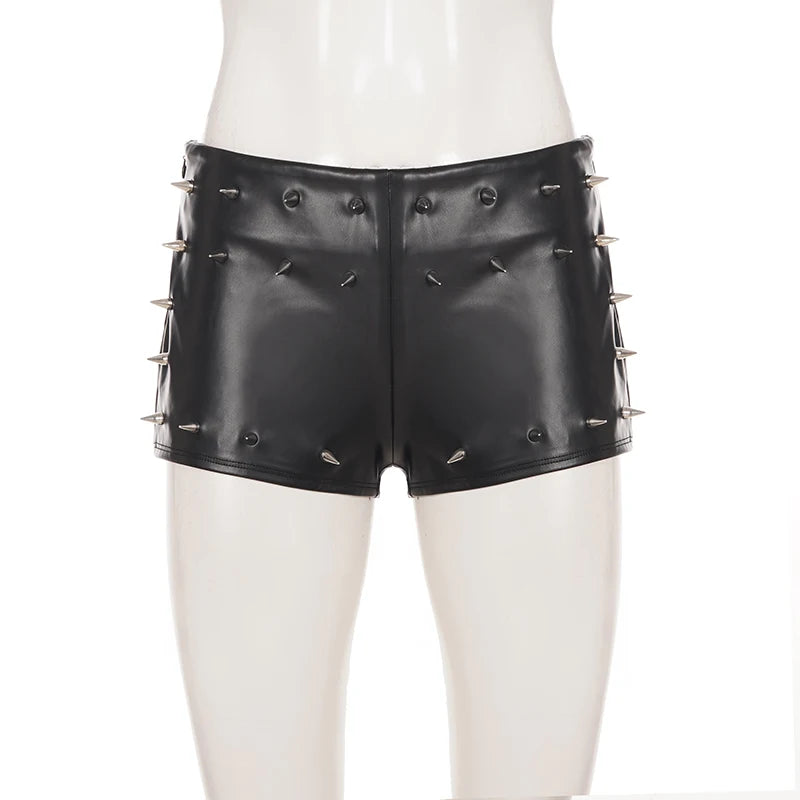 Women Low Waist Faux Leather Mini Shorts Spike Studded Decor Slim Fit Solid Black Punk Gothic Clubwear Y2K Streetwear Bottoms