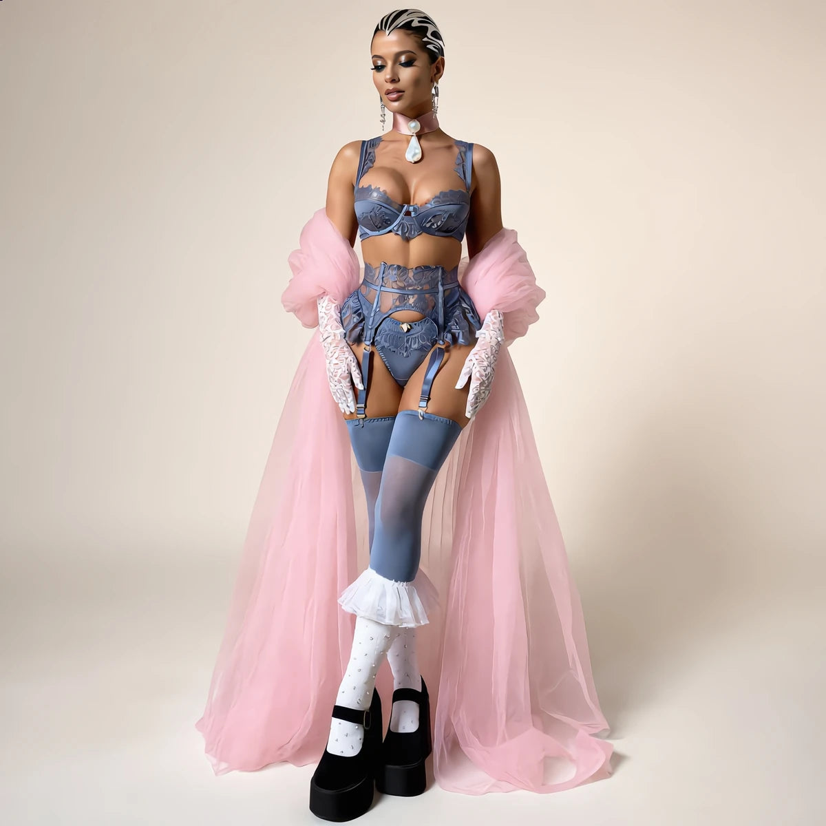 Diccvicc Coquette Slate Blue Lingerie Set 4 Piece Eyelash Lace Satin Bra Peplum Ruffle Garter with Rosebud Thong Women Nightwear