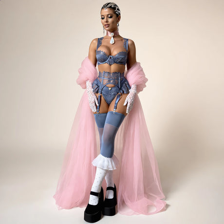 Diccvicc Coquette Slate Blue Lingerie Set 4 Piece Eyelash Lace Satin Bra Peplum Ruffle Garter with Rosebud Thong Women Nightwear
