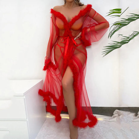 Sexy Mesh Feather Nightdress For Women Thin Robe Long Lingerie Nightgown Bathrobe Pajamas Sexy Lingerie Sleepwear Porn Babydoll