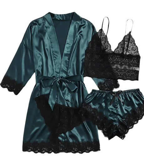 Women's Summer Sexy Pajama Pants Set 4 Pieces Lace Satin With Silk Sleepwear Robe Fashion And Comfortable Nightwear
