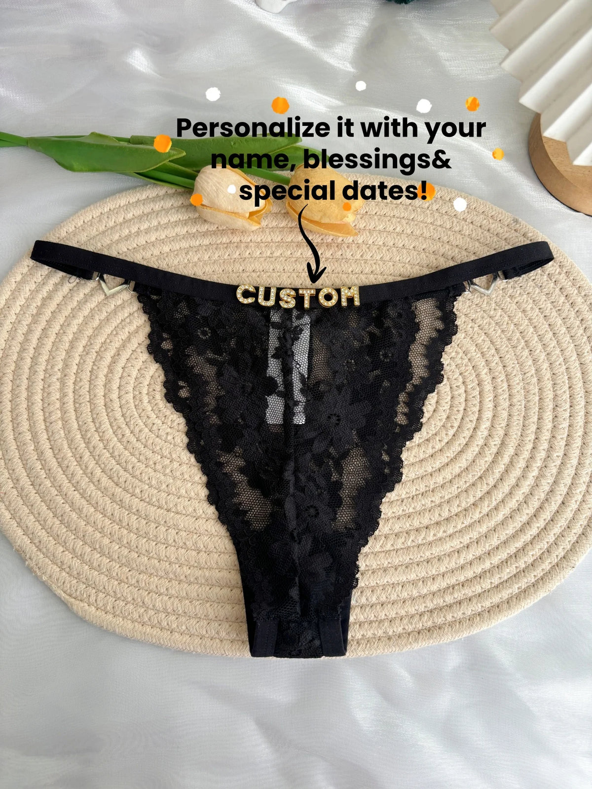 Custom Rhinestone Letter Name Text Sexy Lace Thong Panties Low Rise G-string Personalized Gift Wife Lover Anniversary Festival
