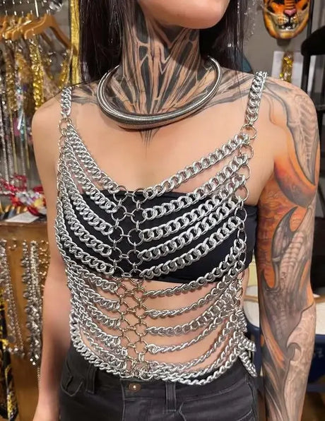 Bright Shining Women's Silver Tank Top Half Skirt Holiday Set Top Waist Accessories Bar Nightclub Sexy Body Chain