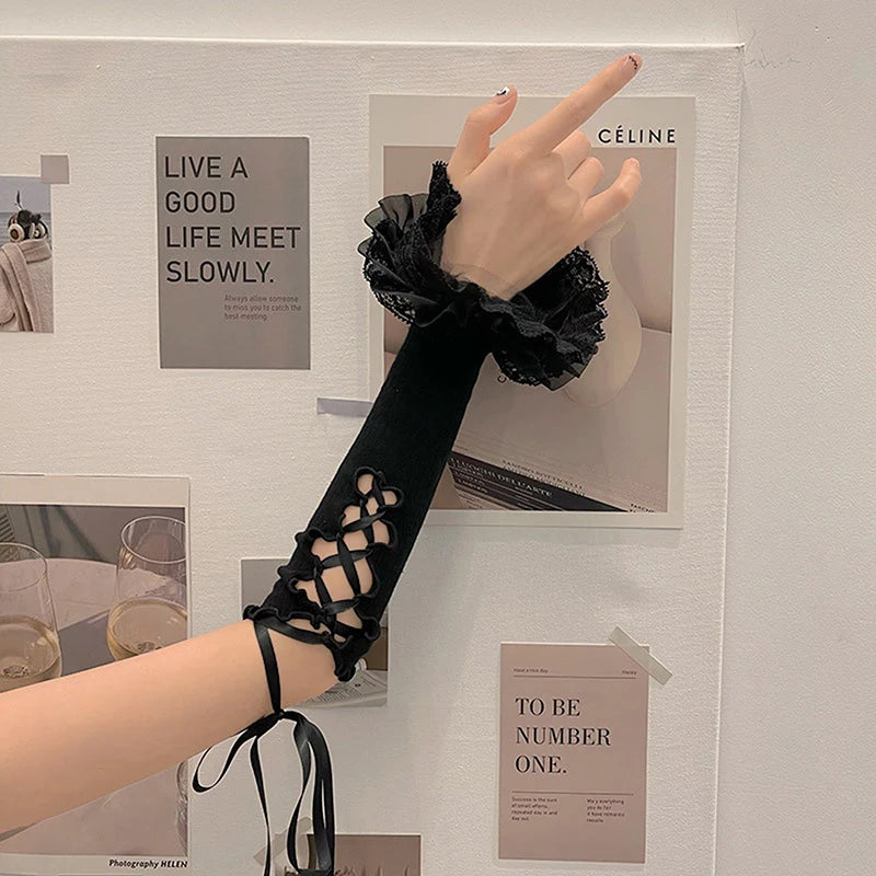 Women Lace Ruffle Arm Warmers Fingerless Gloves Tie-up Elbow Length Sleeves Y2K Aesthetic Kawaii Lolita Oversleeve Cuffs Covers