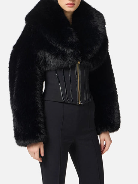 TWOTWINSTYLE Black Slimming Spliced Zipper Jackets for Women Lapel Long Sleeves Tunic Patchwork Fur Fashion Jacket Female New