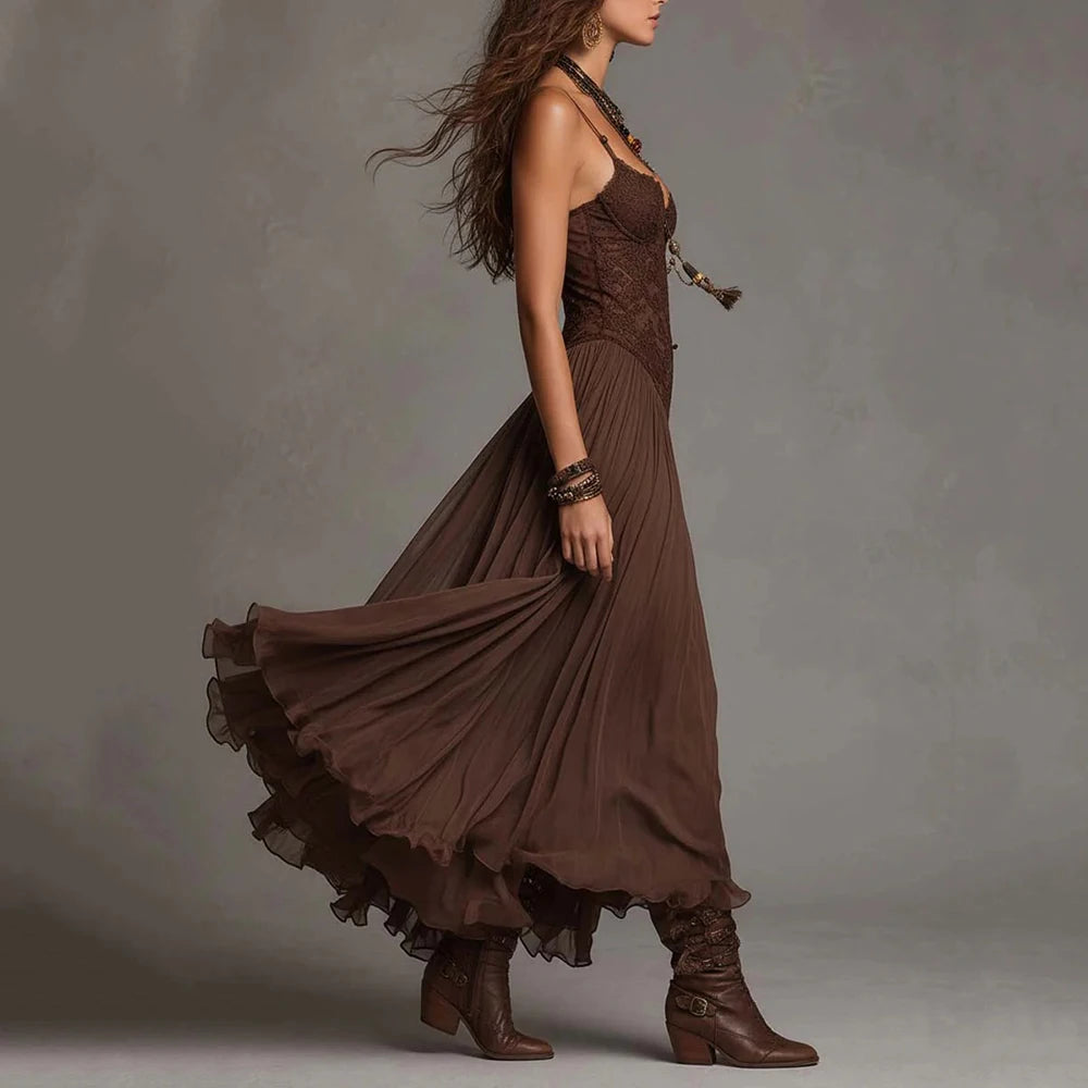 Women‘s Spaghetti Strap Lace Midi Boho Dress Sexy V Neck Ruched Flowy Mesh Sheer Dress Tiered Hem Western Vacation Party Dresses