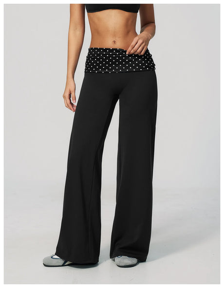 Fashion Polka Dot And Striped Wide Leg Pants For Women Fold Over Waist Bell-bottoms Flare Yoga Pants Push Up Workout Leggings