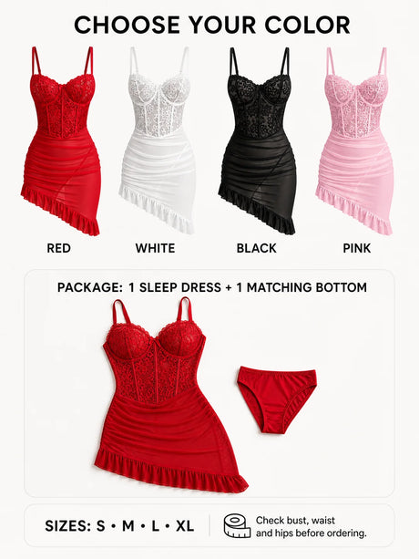 Women's Transparent Lace Lingerie Nightdress with Matching Panties, Ruched Ruffle Hem Babydoll Sleepwear, Four Colors S-XL