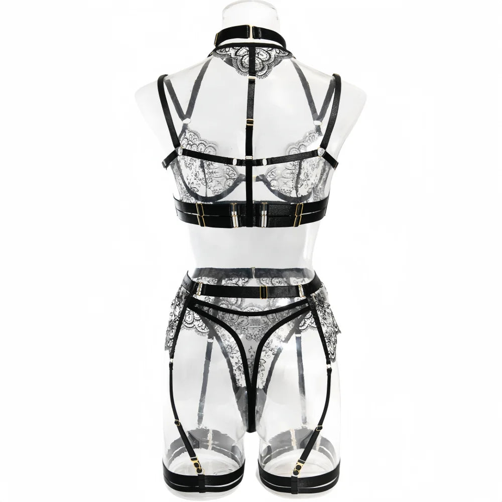 Krasapt Black Lace Embroidered Metal Buckle Sexy Lingerie Set Front Open See-through Lingerie 5Pcs Set Fancy Exotic Intimate Set