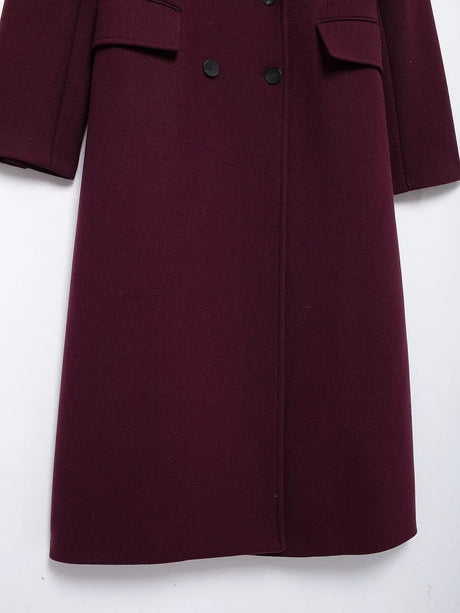 HH Women Fashion Burgundy Coat Double Breasted Long Sleeve Lapel Blends Jacket Autumn Winter High Street Outerwear