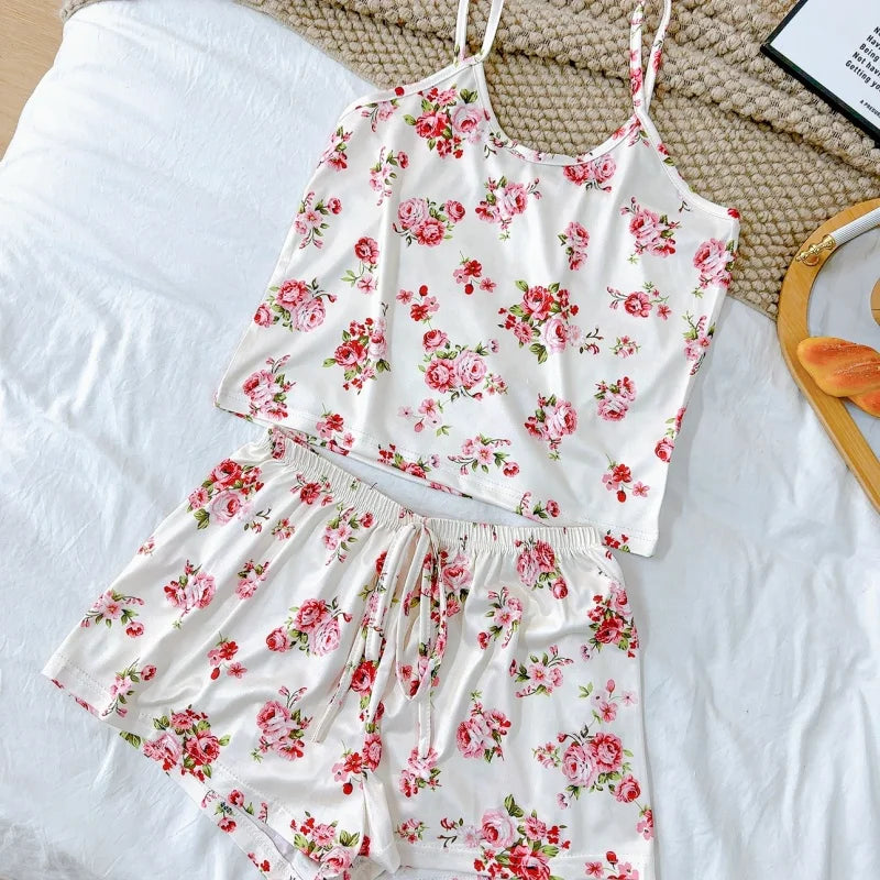 Women Casual Pajama Ladies Sexy Sleepwear Print Round Neck Ice Silk Top T-Shirt and Shorts Sets Breathable Comfortable Home Wear
