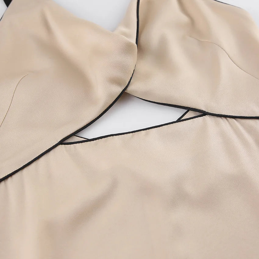 Black Satin Knot Hollow-out Straps Long Dress French Style Sexy Sleeveless Slit Women Summer Dress Lady Evening Party Gowns