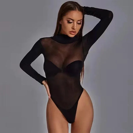 Long Sleeve One-pieces Open Crotch Bodysuits Bodycon Black Shirts Tops Body Lingerie Suits for Women Plus Size Club Street wear