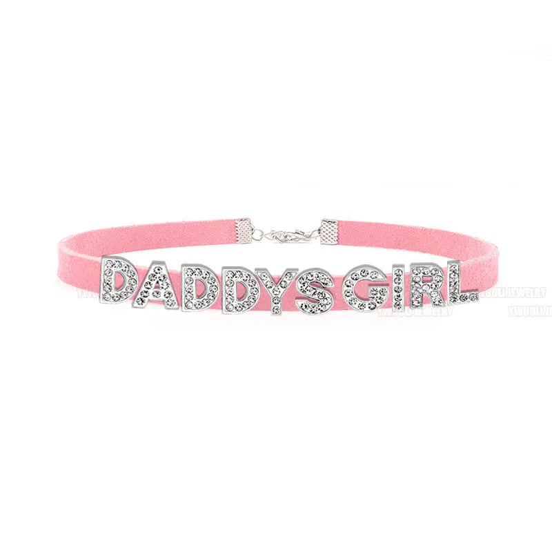 Sexy Rhinestone Letters Hotwife Collar Choker for Women Men DIY Customized Necklaces Pink Suede Leather Cosplay Jewelry Gift
