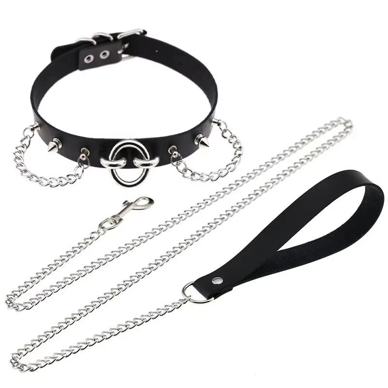 Leather Choker Heart Collar and Leash with Chains Bdsm Choker Submissive Collar for Female Fetishists BDSM Sex Leash Punk Goth