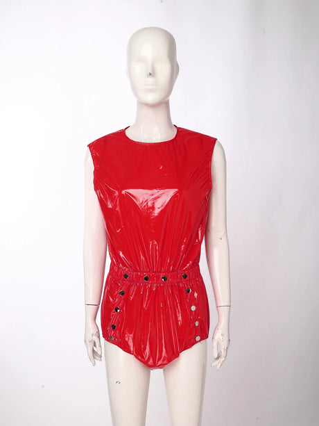 Women One Piece Adaptive Pajama Nightwear Shiny Metallic Sleeveless Buttoned Sleeveless Jumpsuit Waterproof Rompers Bodysuit