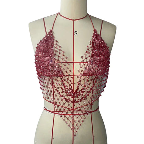 Dazzling Rhinestone Mesh Camisole Sexy Backless Halter Neck Bandage V Neck Hollow Fishnet Tank Top Women Party Club Crop Tops