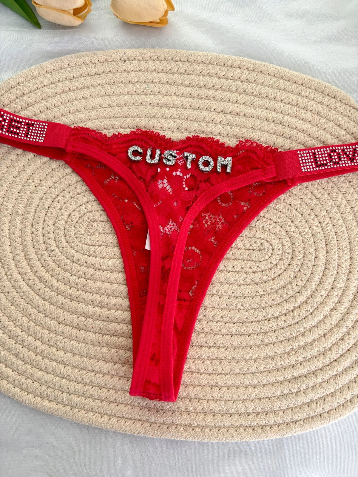 Custom Rhinestone Letter Name Thong Sexy Lace Panties Low-Rise Crystal Letter G-string Personalized Gift Wife Lover Anniversary